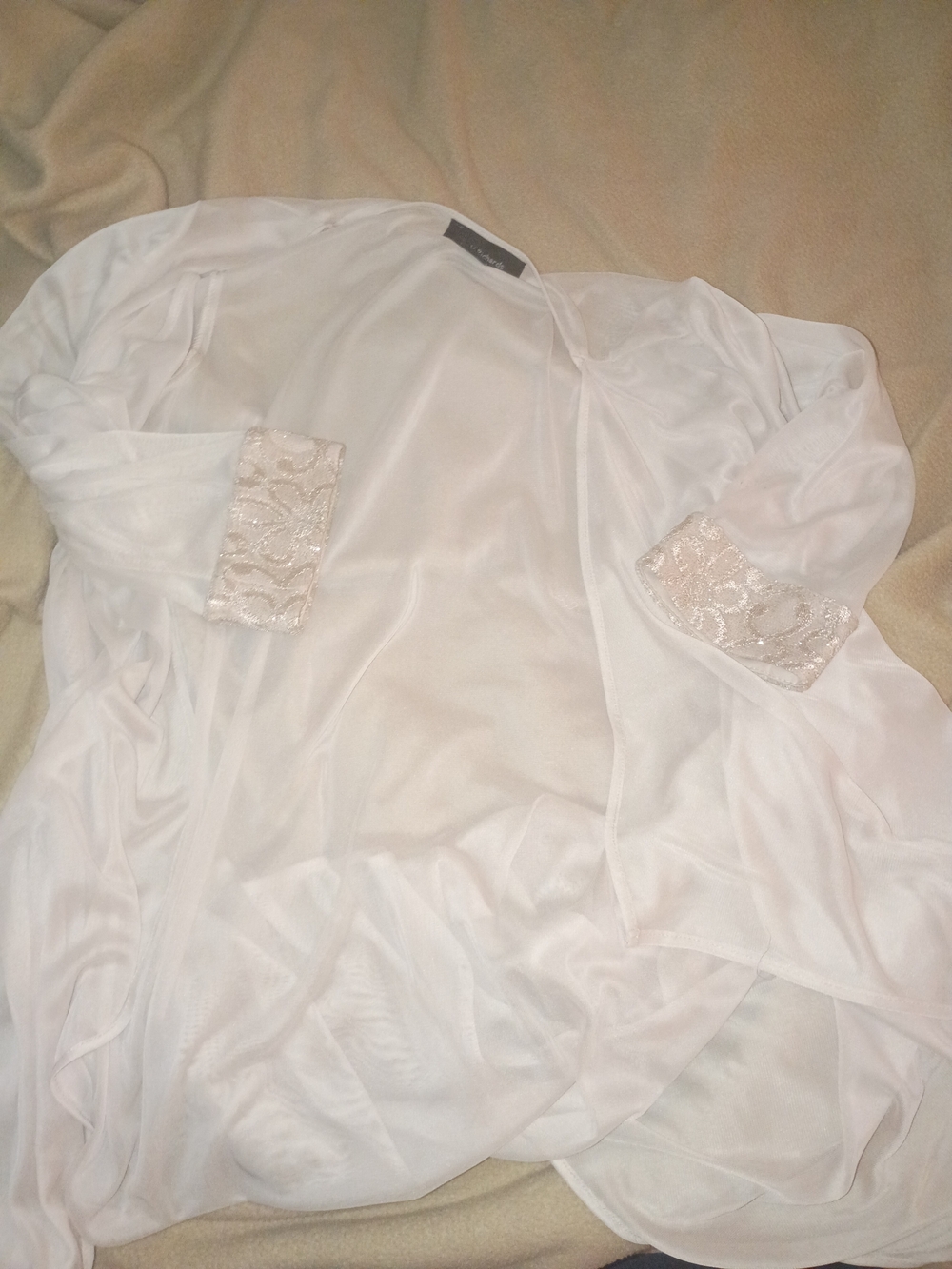 Sheer White Kimono Cardigan with Embellished Cuffs